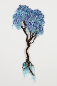 Blue Flutter Tree (SOLD - Commissions Available)<br />
Resin glass, ink, wood<br />
47 x 24 x 2