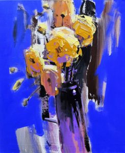 yellow flowers in vase on blue background