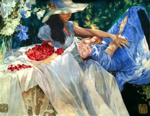 women eating cherries in the garden