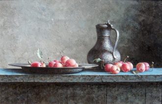 Pitcher and Plums <br />
Oil on Canvas <br />
19.5 x 29.5