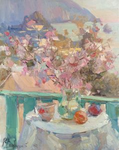 stillife with peaches and flowers