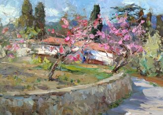 Pink Blossoms on my Street <br />
Oil on Canvas<br />
20 x 28