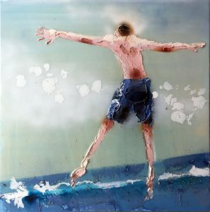 Hugging the Ocean<br />
Resin, acrylic paste, and mixed media on board<br />
31 x 31