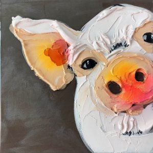 Babe the Pig<br />
Resin, acrylic paste, and mixed media on canvas<br />
12 x 12