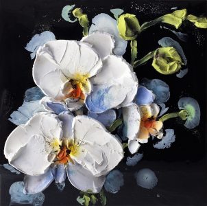 Orchid in the Shadows <br />
Resin, acrylic paste, and mixed media on board<br />
31.5 x 31.5