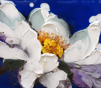 Peonia Bianca su blu<br />
Resin, acrylic paste, and mixed media on board<br />
31 x 47