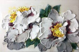 Peonie Abbracciate (SOLD)<br />
Resin, acrylic paste, and mixed media on board<br />
31 x 47