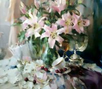 Pink Lilies <br />
Oil on Canvas<br />
29.5 x 31