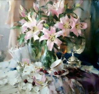 Pink Lilies <br />
Oil on Canvas<br />
29.5 x 31