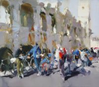Midday Bike Ride in Arles<br />
Oil on Canvas<br />
24 x 40<br />
