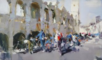 Midday Bike Ride in Arles<br />
Oil on Canvas<br />
24 x 40<br />
