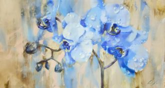 NEW!<br />
Blue Orchids in the Rain I<br />
Oil on canvas<br />
35 x 63