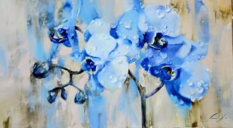 Blue Orchids in the Rain I<br />
Oil on canvas<br />
35 x 63