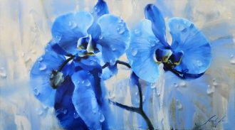 NEW!<br />
Blue Orchids in the Rain II<br />
Oil on canvas<br />
35 x 63