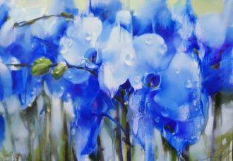 Blue Orchids in the Rain II (SOLD)<br />
Oil on Canvas<br />
40 x 55