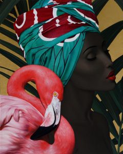 profile of woman with flamingo