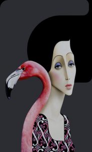 brunette woman with flamingo