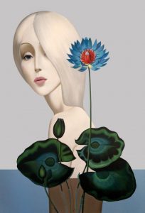 blonde woman with lotus flower