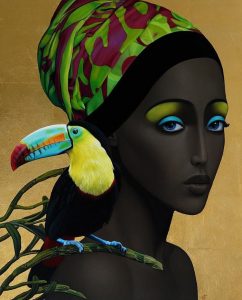 portrait of woman with toucan