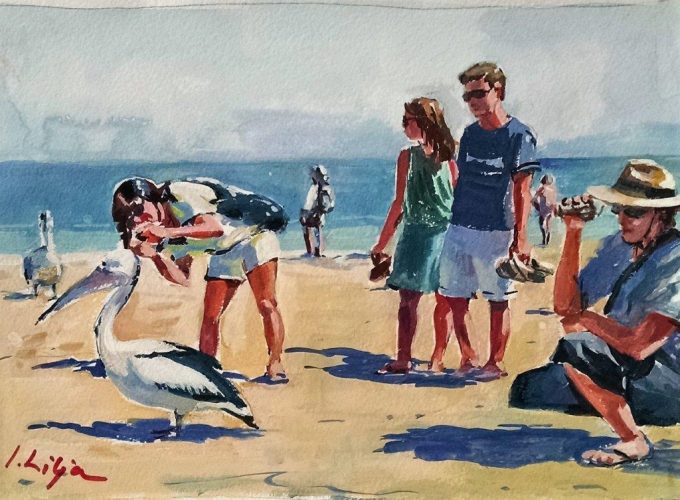  irina  Lilja  Tourists at Naples  Beach watercolor 8 x 10 
