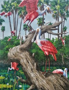 Roseate Spoonbills <br />
Oil on Canvas<br />
45 x 35