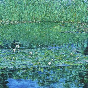 Water Lilies with Reeds<br />
Mixed Media on Canvas<br />
55 x 55