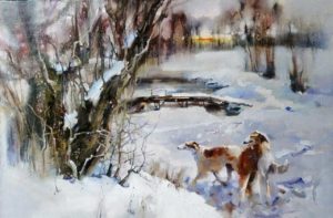 borzoi dogs in the snow