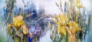 yellow irises and dragonflies