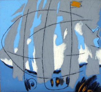 Dirigible <br />
Oil and acrylic on canvas<br />
39 x 43