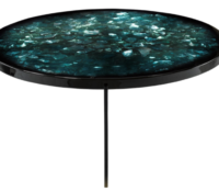 Rock & Roll <br />
16.5”H x 36”W<br />
This round modernistic coffee table, ombres into a moody polychromatic aqua hue. Exposing its sparkle and highlighting its luminescence with champagne gold crystalline fragments. This comes apart into two pieces, which consists of a round resin table top and a black steel base accented with gold tips. (The crystalline top can be tinted to any of our warm custom colors or even choose from an array of marbleized pearl overlays).<br />
