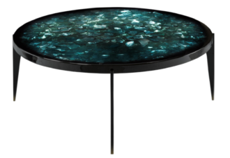 Rock & Roll <br />
16.5”H x 36”W<br />
This round modernistic coffee table, ombres into a moody polychromatic aqua hue. Exposing its sparkle and highlighting its luminescence with champagne gold crystalline fragments. This comes apart into two pieces, which consists of a round resin table top and a black steel base accented with gold tips. (The crystalline top can be tinted to any of our warm custom colors or even choose from an array of marbleized pearl overlays).<br />
