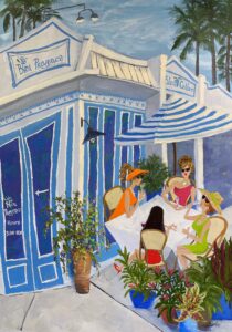 blue and white striped building with girls eating lunch