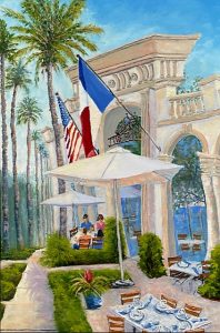 white restaurant with arches and flags