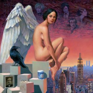 Nude angel sitting on top of city
