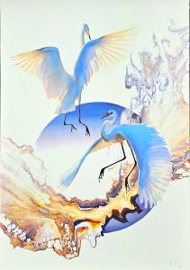 COMING SOON!<br />
Cranes Over the Stream <br />
Oil on canvas<br />
47 x 31