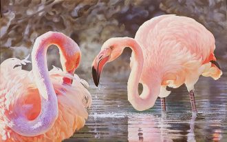 NEW!<br />
Pink Flamingos <br />
Oil on canvas<br />
31 x 47