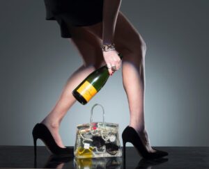 woman holding champagne and bag by her feet