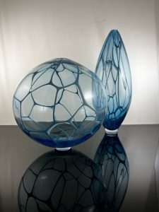 Blue murrine vessels<br />
<br />
Celestial Orb<br />
11 x 12.5 x 12.5<br />
<br />
Celestial Egg<br />
17.5 x 7 x 7<br />

