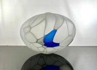 white and blue round vessel
