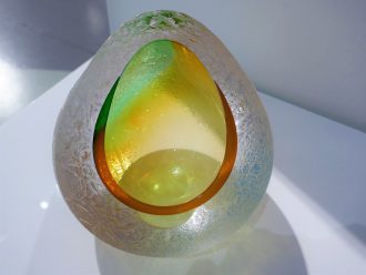 Amber Embrace (SOLD)<br />
Hand blown, chiseled, and carved crystal<br />
6.5 x 6.5 x 6.5