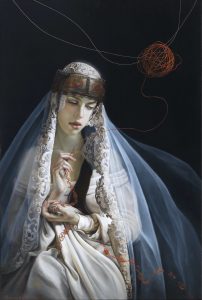 girl in veil holding needle