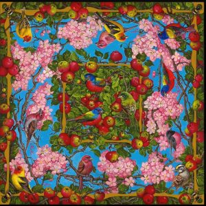 womans square scarf-like painting with birds and flowers