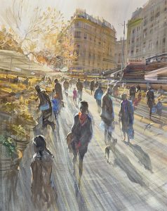 Marché de la Rue Mouffetard (SOLD)<br />
Oil on canvas<br />
32 x 25.5