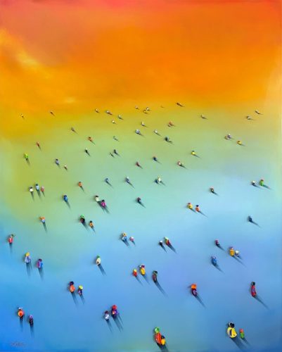 abstract little people walking blue orange