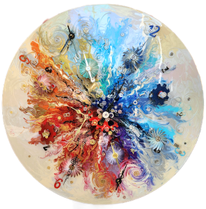 It's Time 9:00<br />
Acrylic, Clay, Metal, Resin, Wood, and Working Clocks on Board<br />
36 x 36 x 5