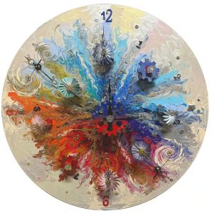 It's Time 9:00<br />
Acrylic, Clay, Metal, Resin, Wood, and Working Clocks on Board<br />
36 x 36 x 5